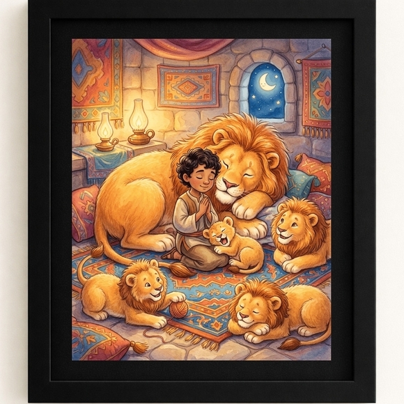 Hand Crafted Other - Hand Crafted Vibrant Lion Family Art Print In A Frame 8x10